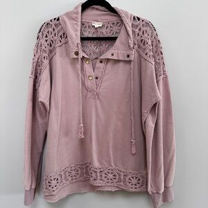 Hem & Thread Mauve Pink Crochet-Trim Hooded Pullover
